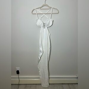PrettyLittleThing white v bar corset cross back maxi dress